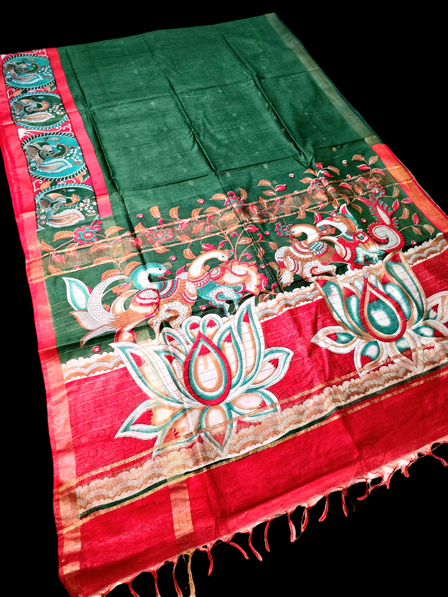 Green and red bhagalpuri silk saree with kalamkari printed border and pallu