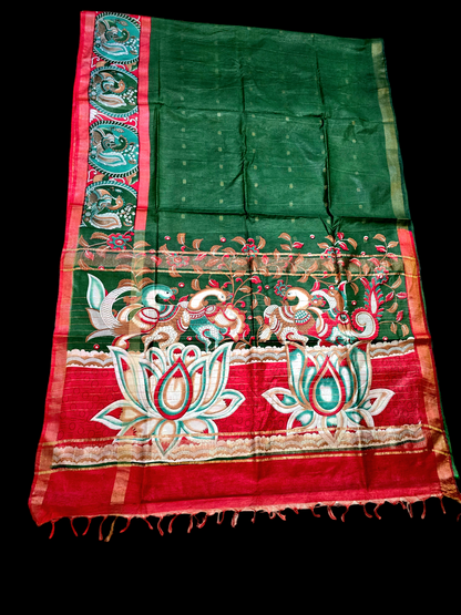 Green and red bhagalpuri silk saree with kalamkari printed border and pallu