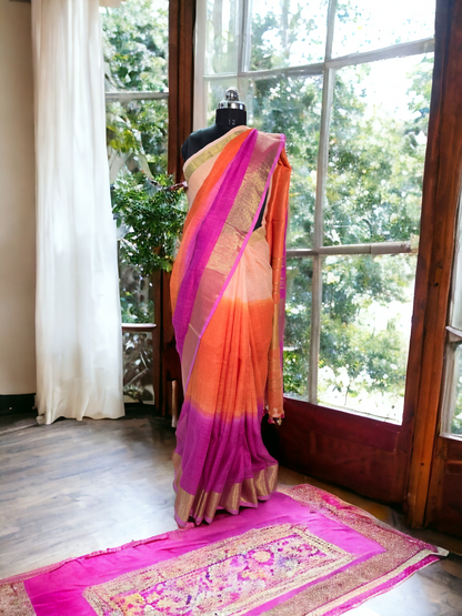 Multicolour pure linen saree