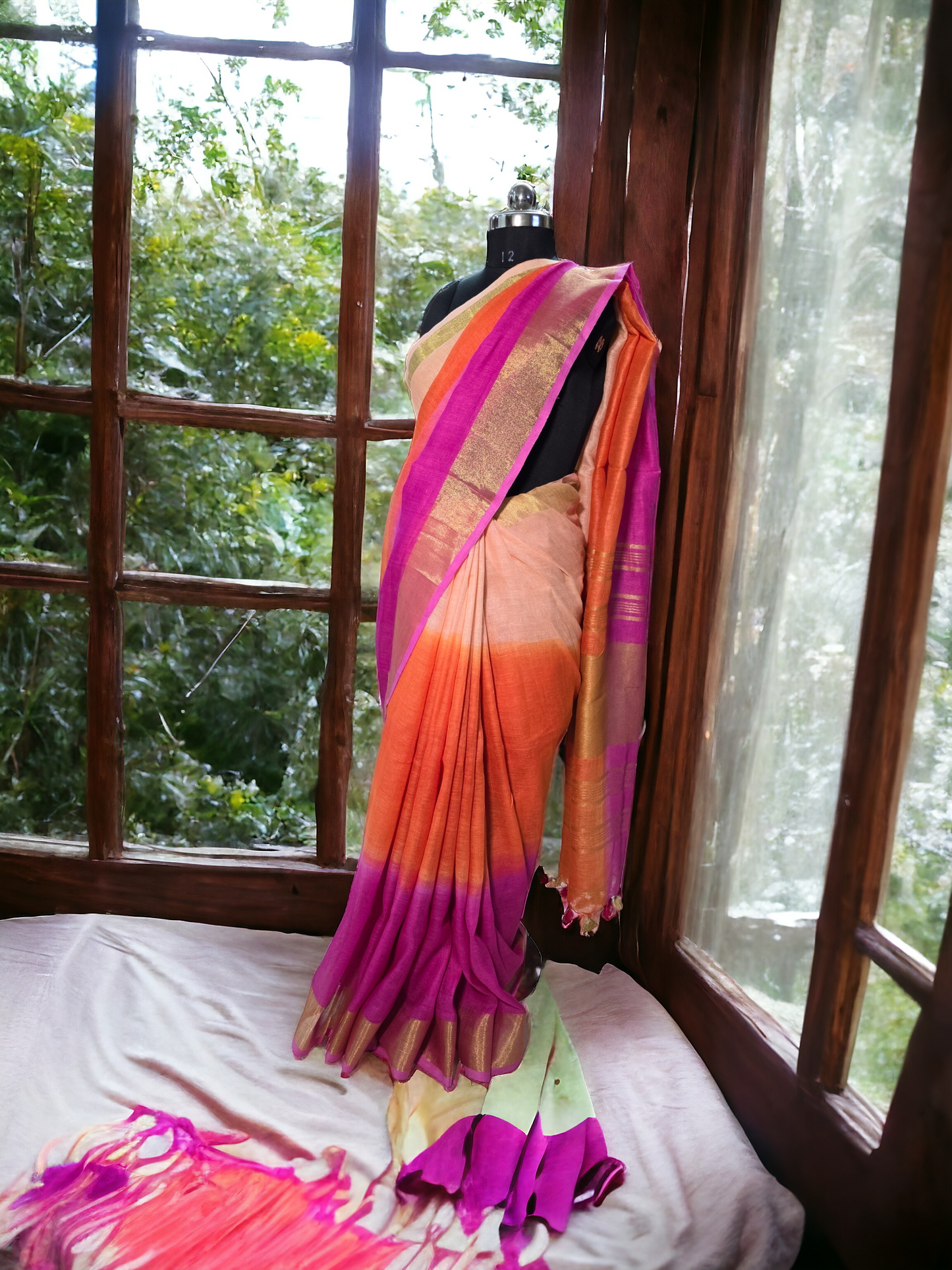 Multicolour pure linen saree