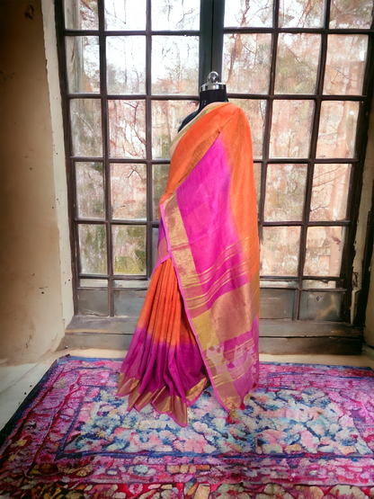 Multicolour pure linen saree