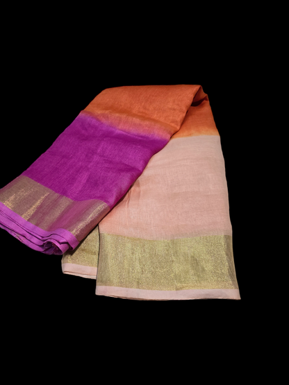 Multicolour pure linen saree