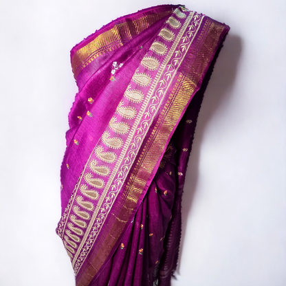 Berry pink pure silk linen embroidary banarsi border saree