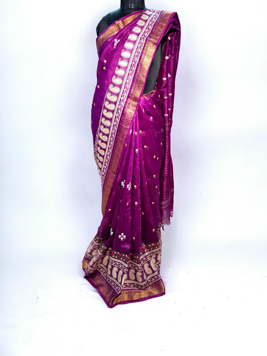 Berry pink pure silk linen embroidary banarsi border saree