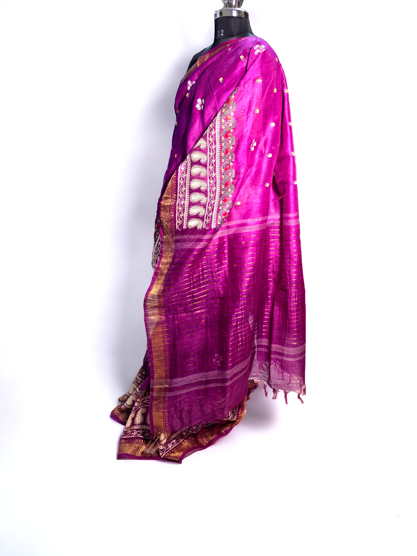 Berry pink pure silk linen embroidary banarsi border saree