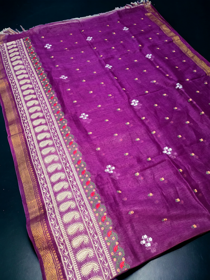 Berry pink pure silk linen embroidary banarsi border saree