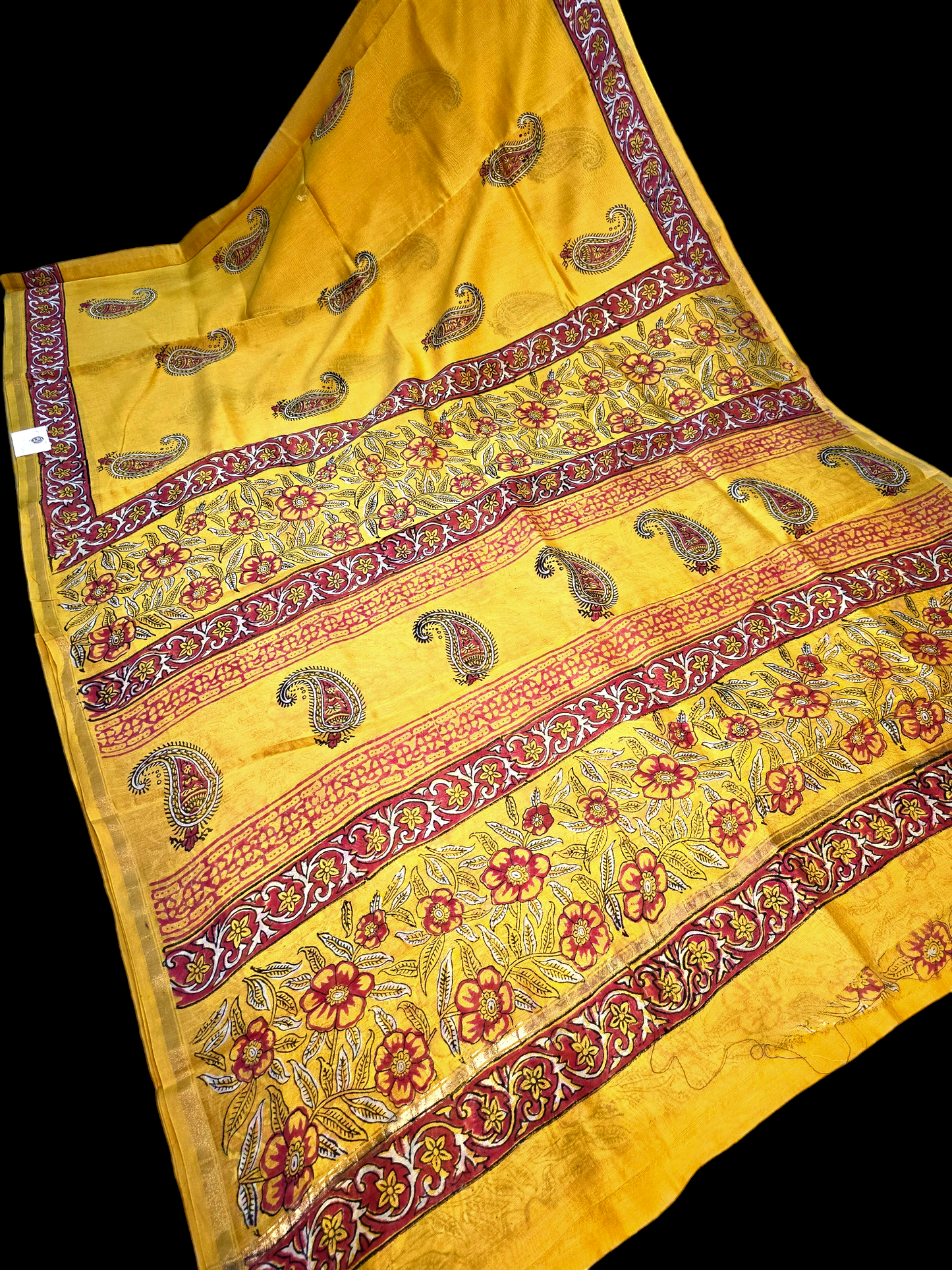 Yellow block printed maheshwari cotton silk saree