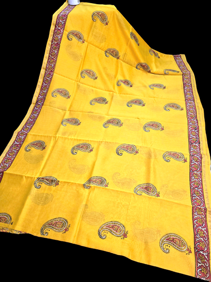 Yellow block printed maheshwari cotton silk saree