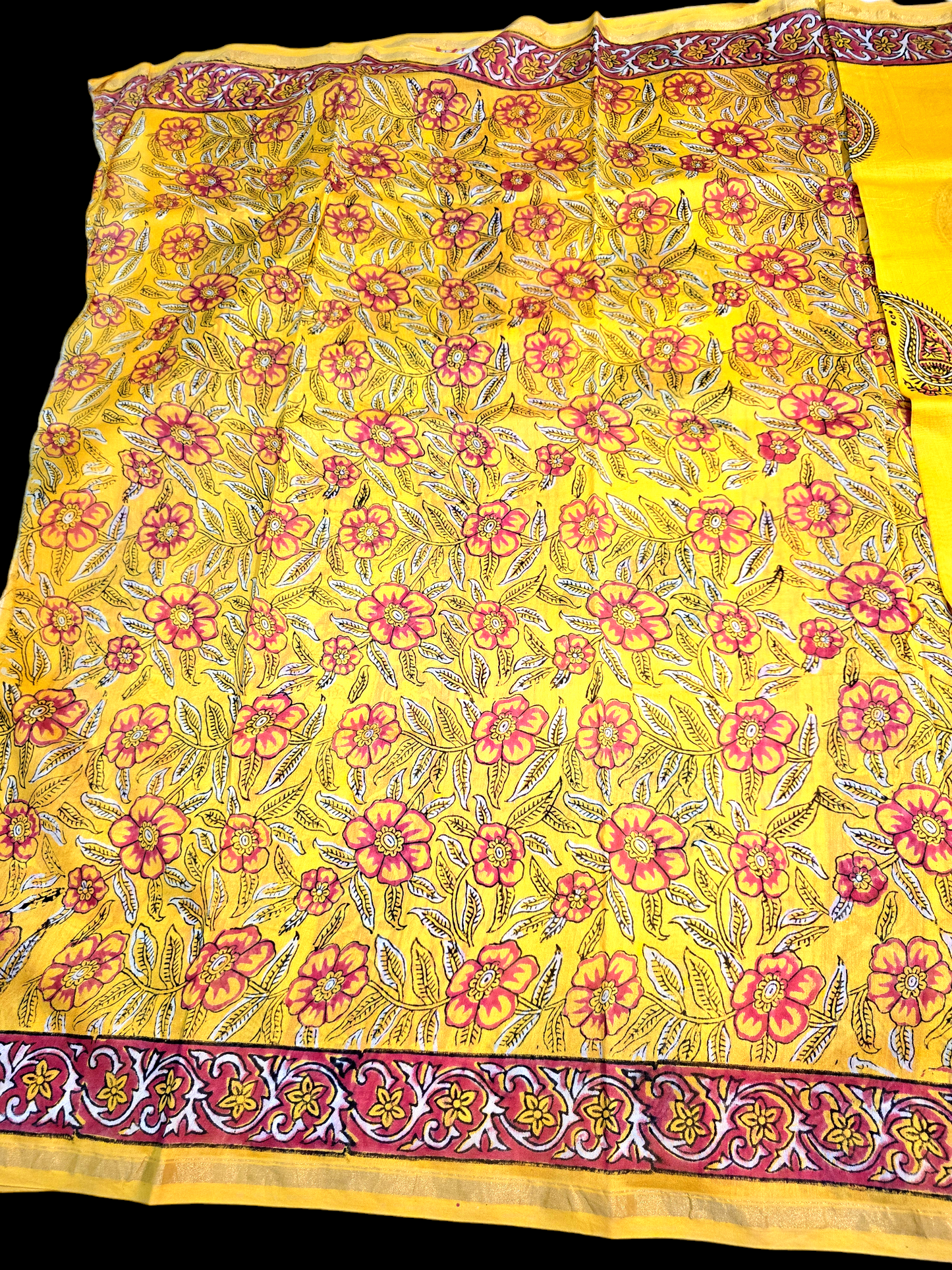 Yellow block printed maheshwari cotton silk saree