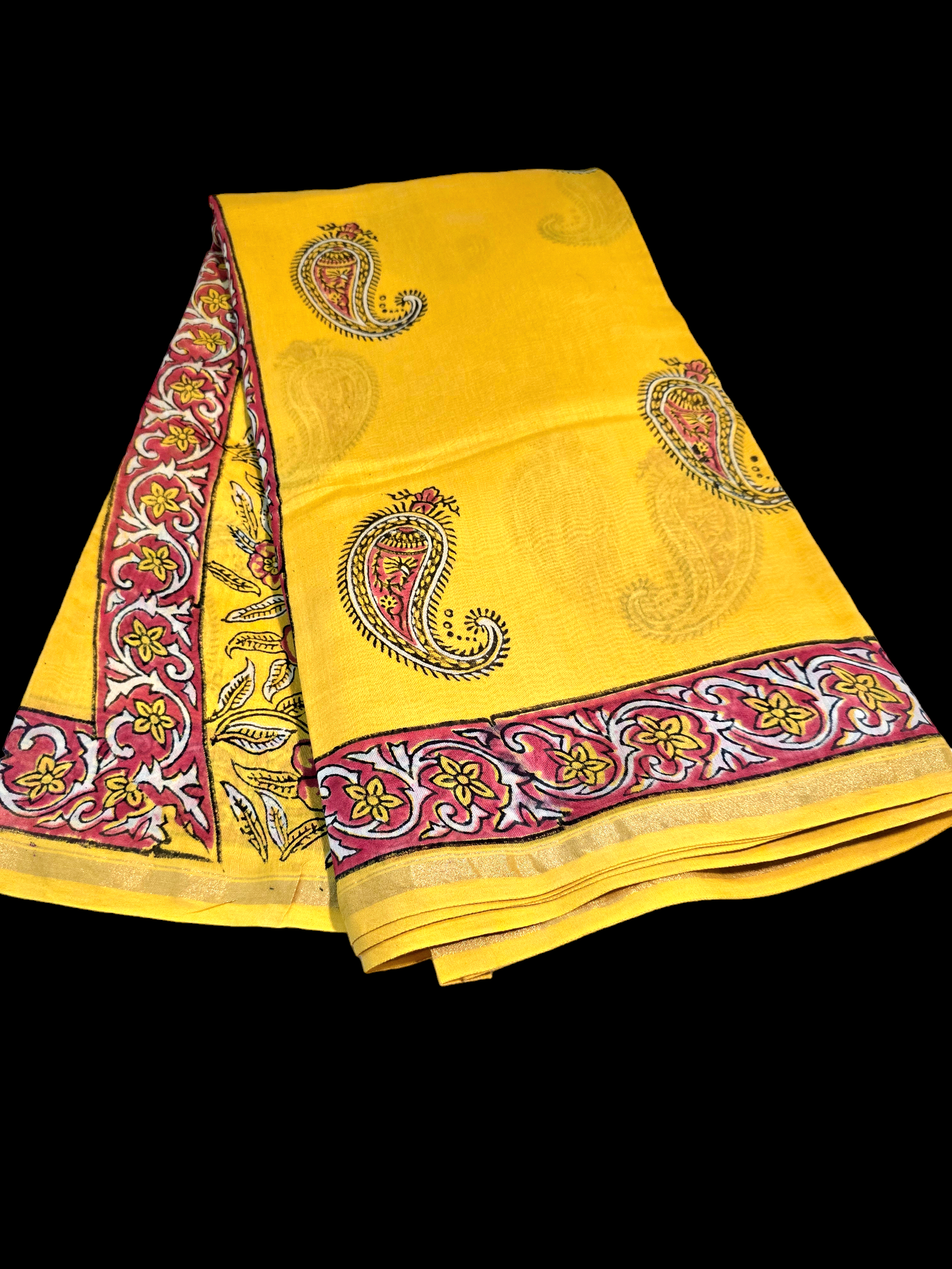 Yellow block printed maheshwari cotton silk saree