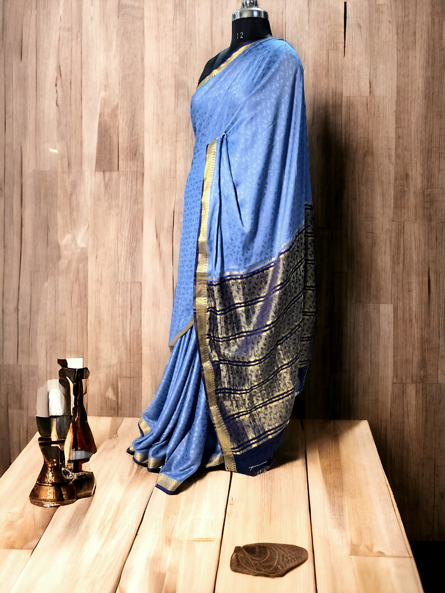 Grey -blue semi mysore crepe silk saree