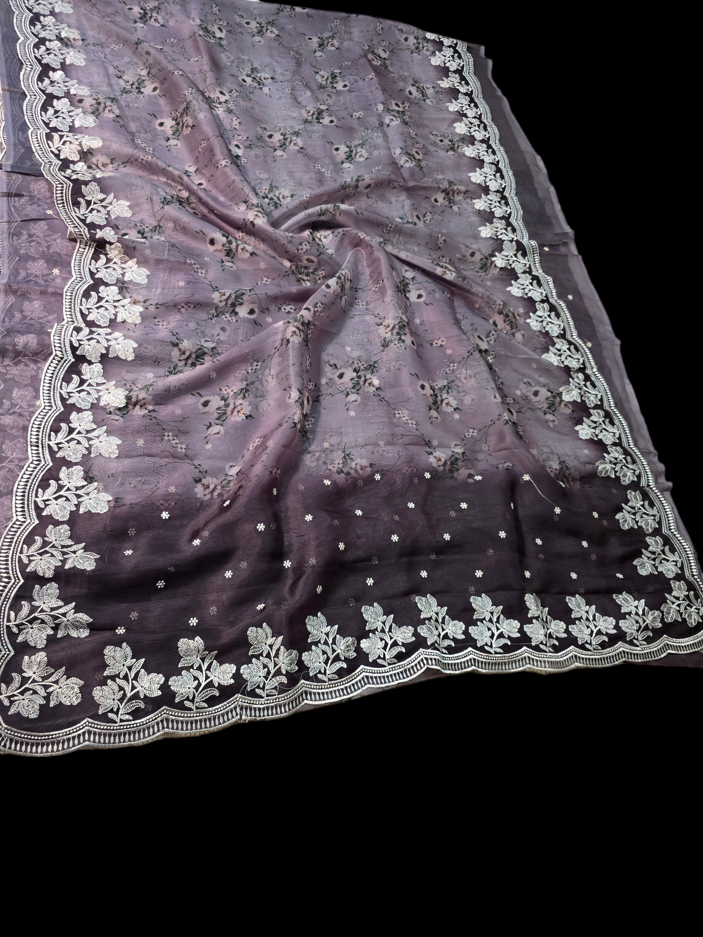 Lavender colour printed soft organza saree with embroided border