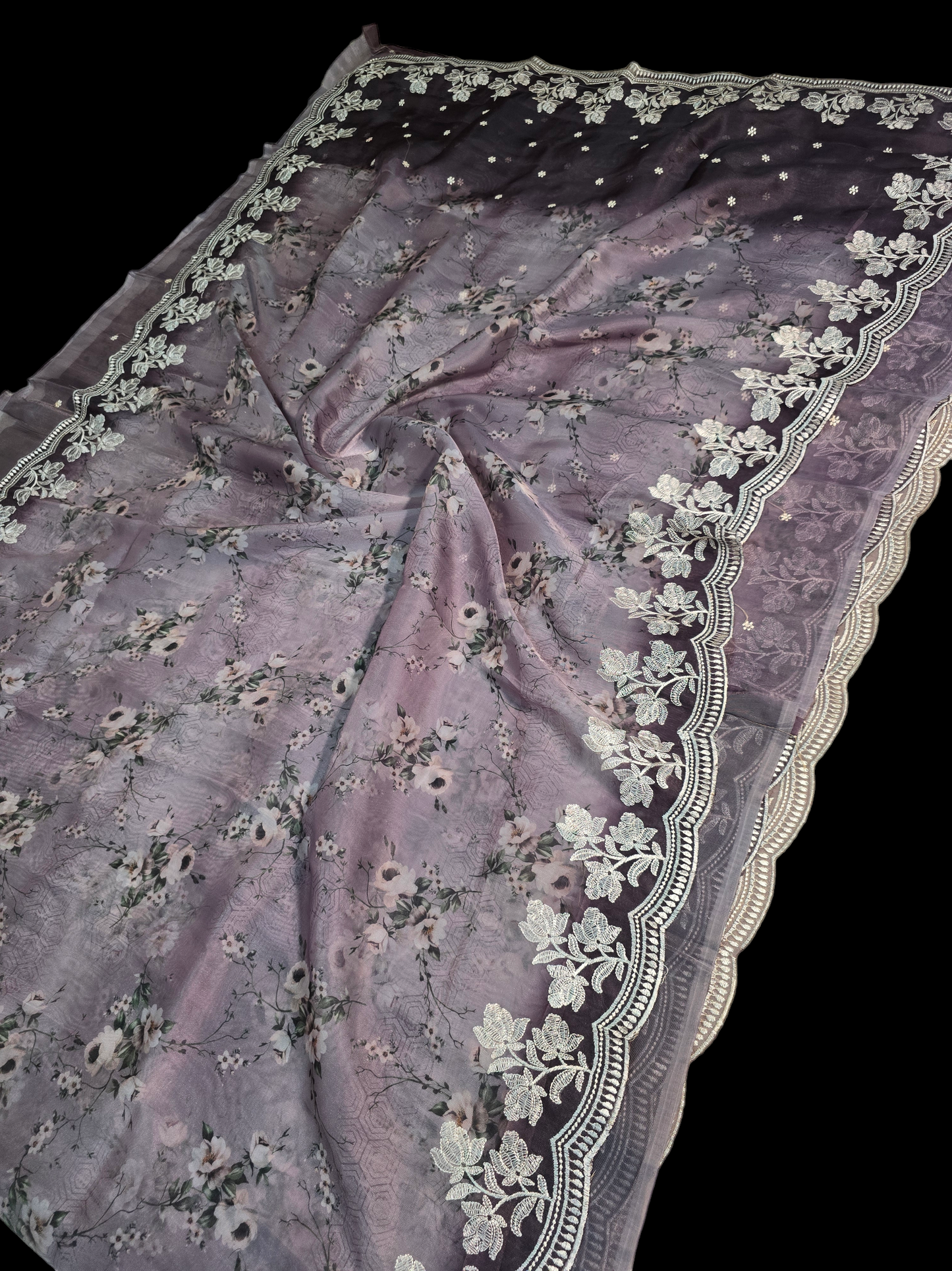 Lavender colour printed soft organza saree with embroided border