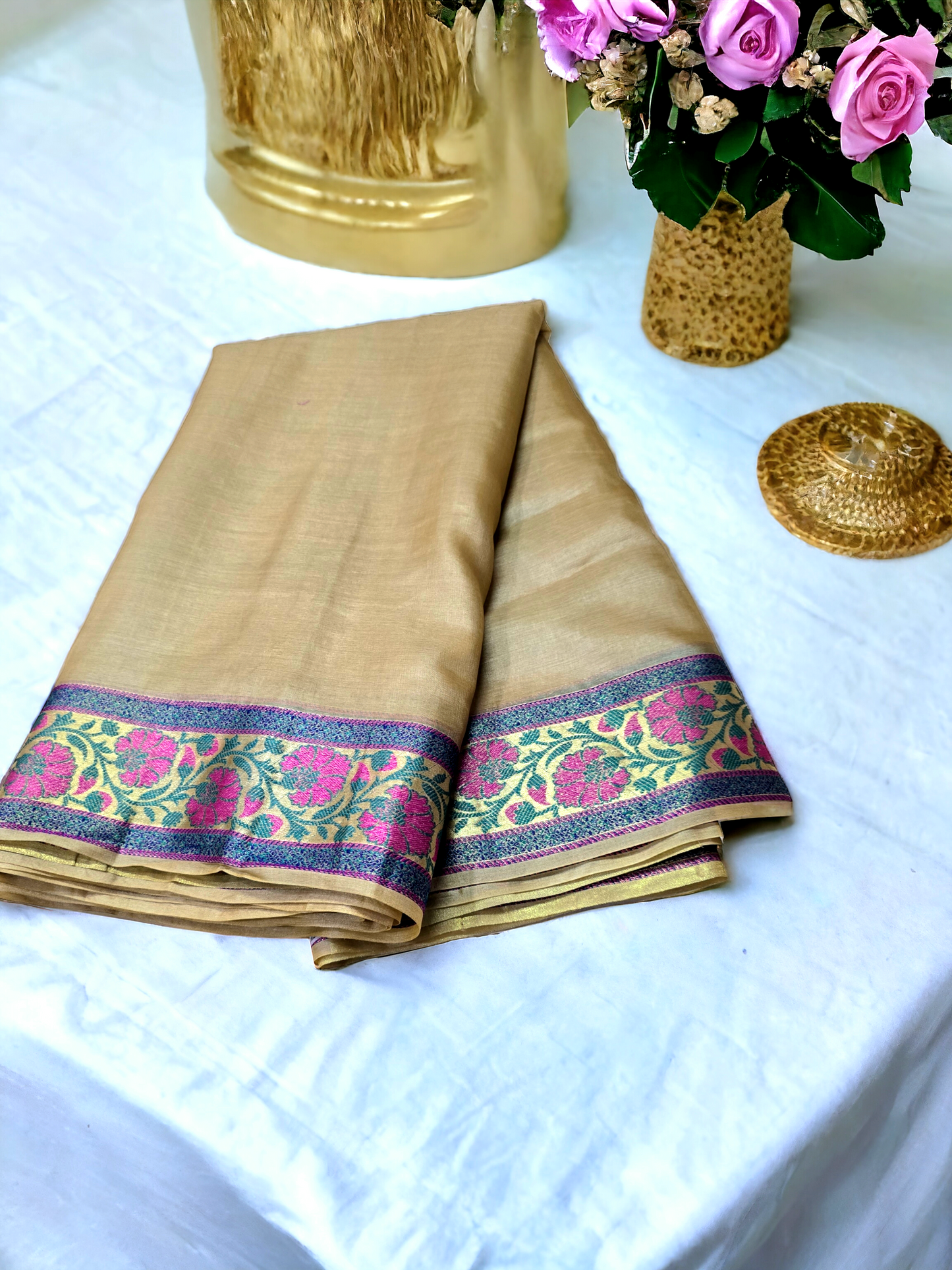 Beige colour pure kosa silk saree with weaving border and pallu