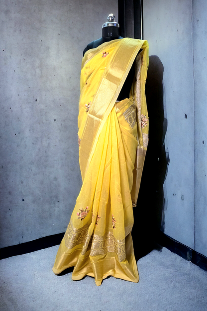 Yellow colour khadi organza saree with embroidary