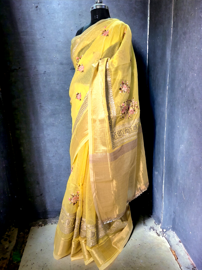 Yellow colour khadi organza saree with embroidary