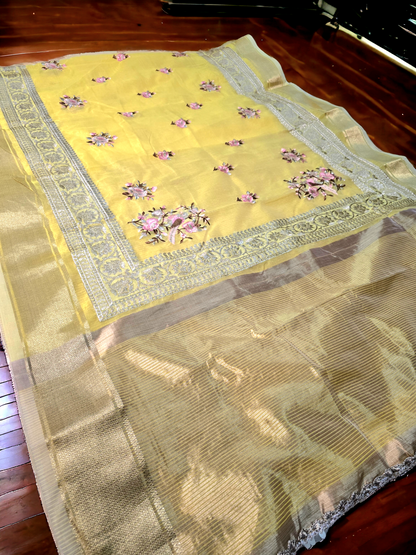 Yellow colour khadi organza saree with embroidary