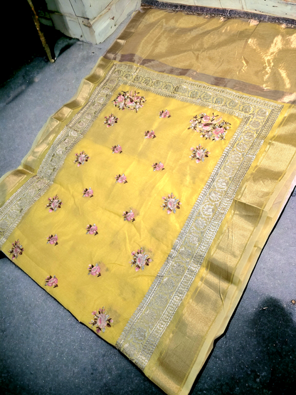 Yellow colour khadi organza saree with embroidary