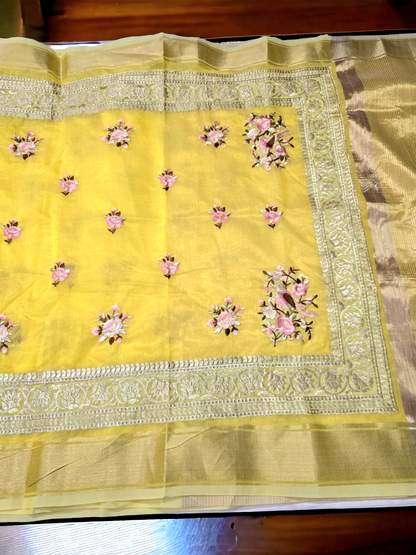 Yellow colour khadi organza saree with embroidary