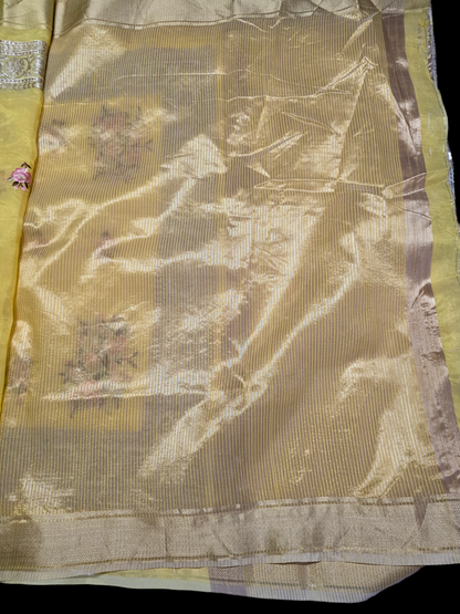 Yellow colour khadi organza saree with embroidary