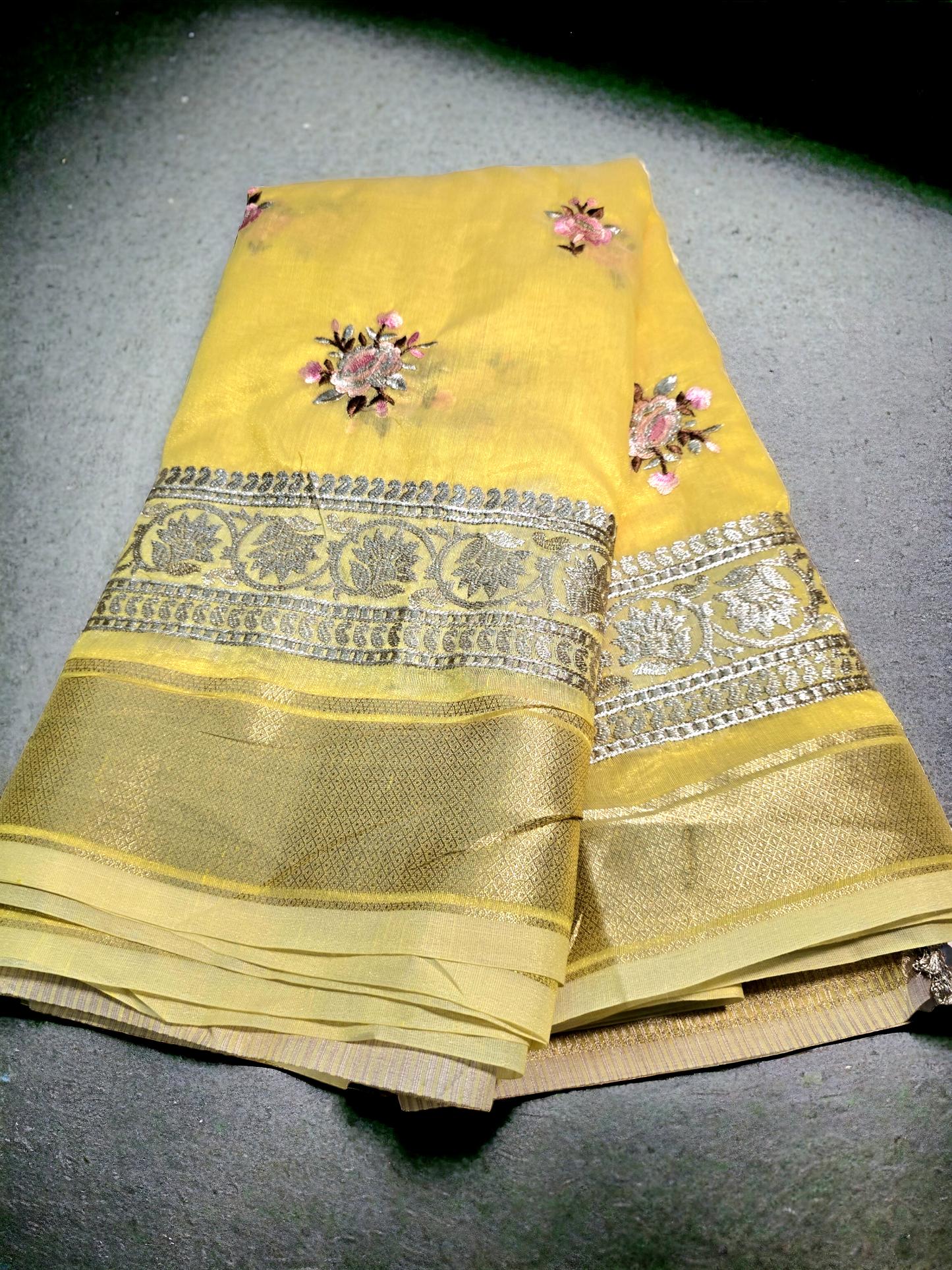 Yellow colour khadi organza saree with embroidary