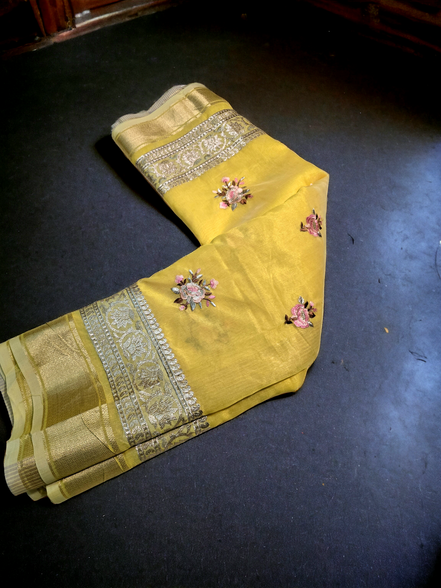 Yellow colour khadi organza saree with embroidary