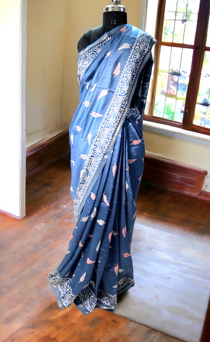 Grey blue block printed pure meheshwari silk saree