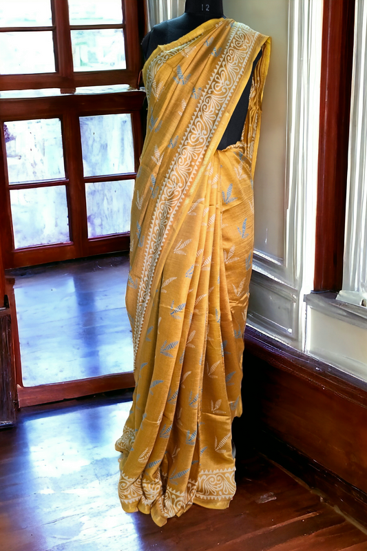 Yellow colour block printed pure meheshwari silk saree.