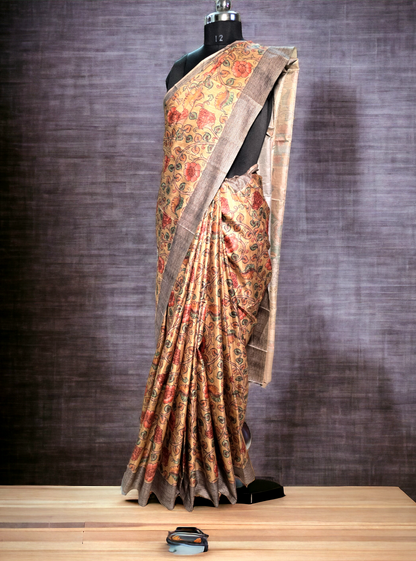 Beige colour kalamkari silk cotton saree