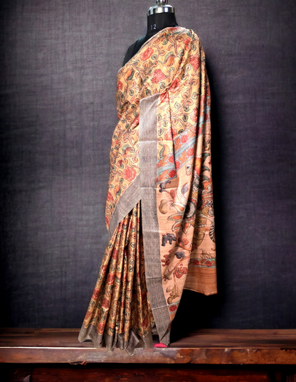 Beige colour kalamkari silk cotton saree