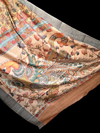 Beige colour kalamkari silk cotton saree