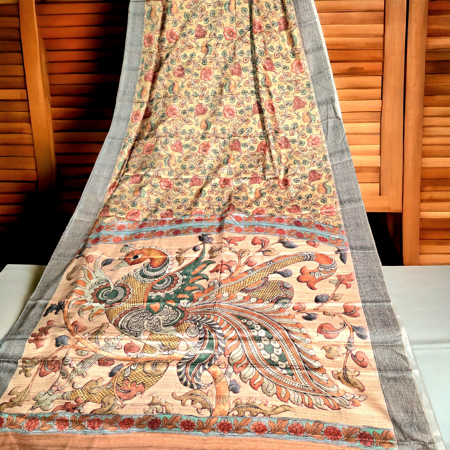 Beige colour kalamkari silk cotton saree