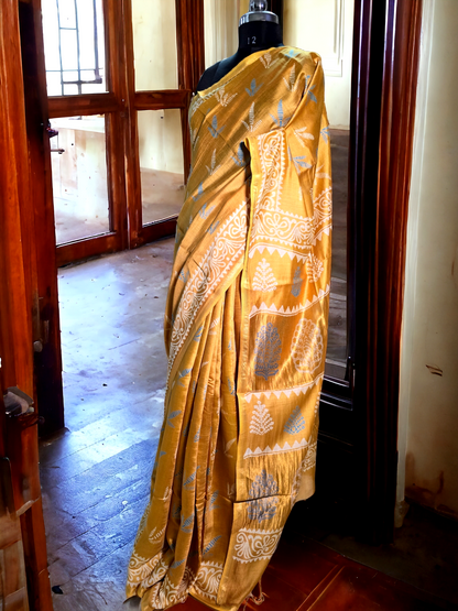 Yellow colour block printed pure meheshwari silk saree.