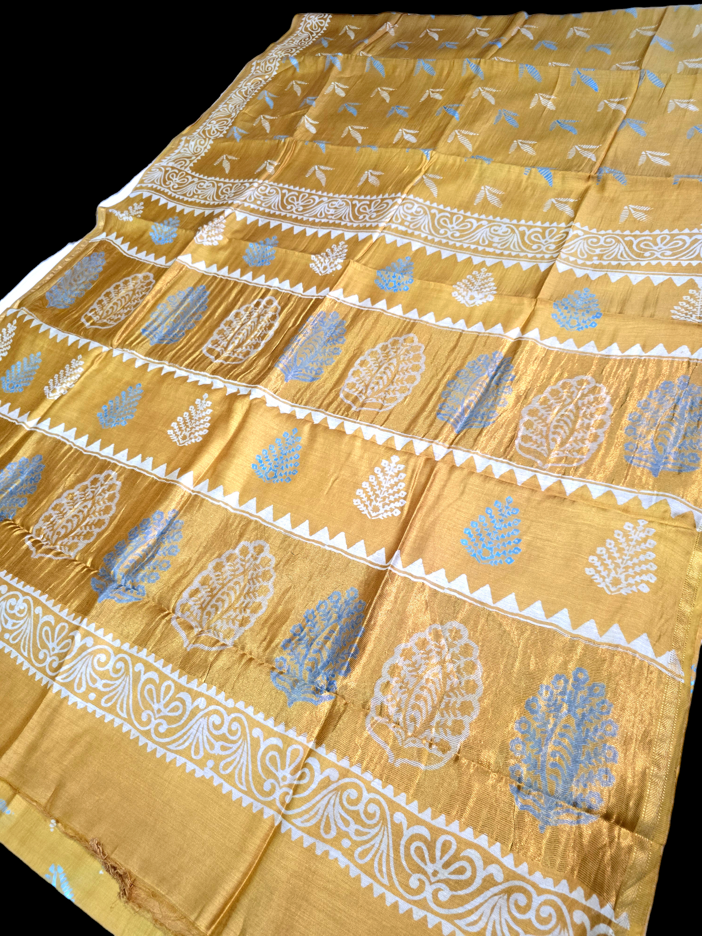 Yellow colour block printed pure meheshwari silk saree.