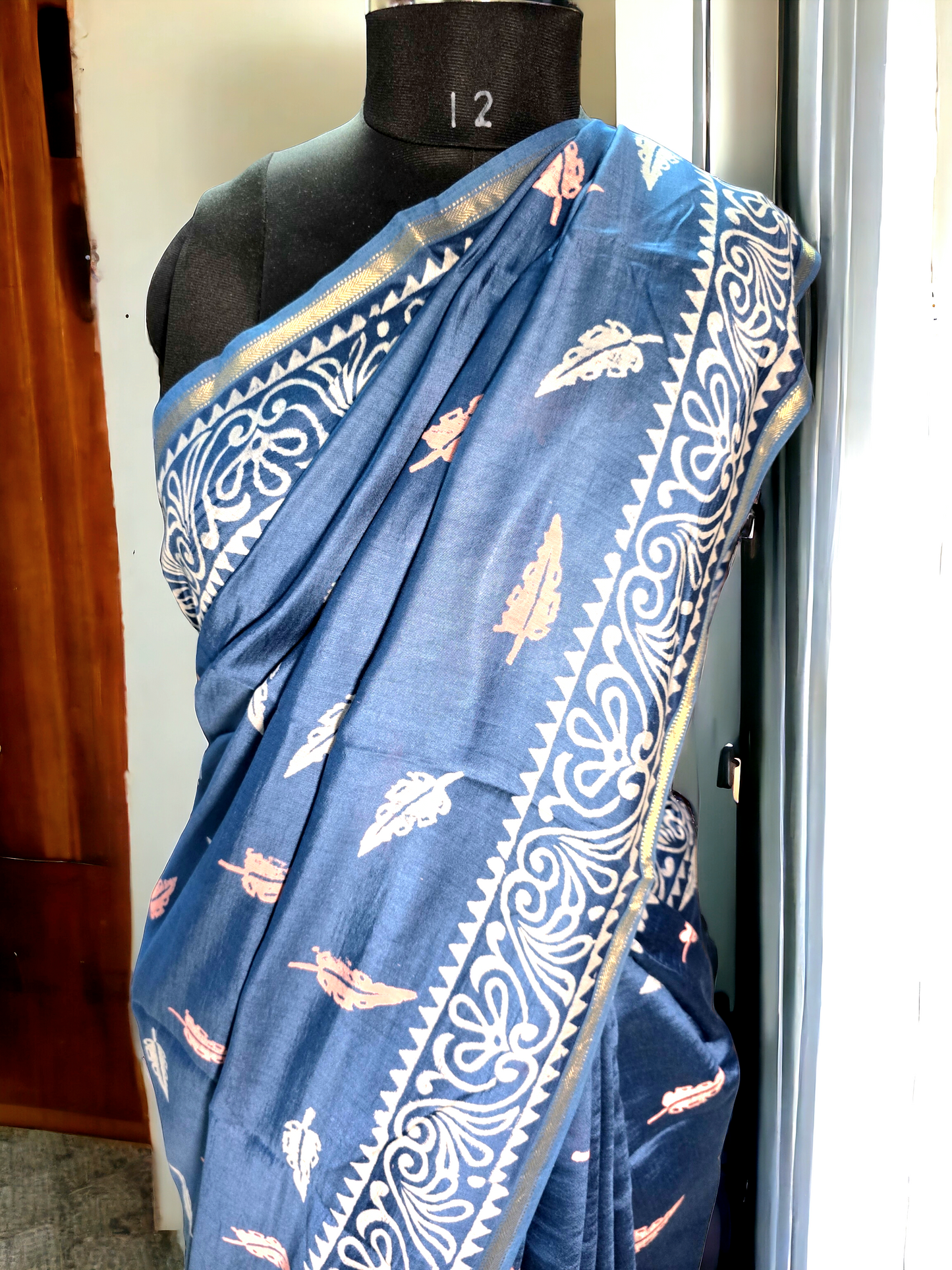 Grey blue block printed pure meheshwari silk saree