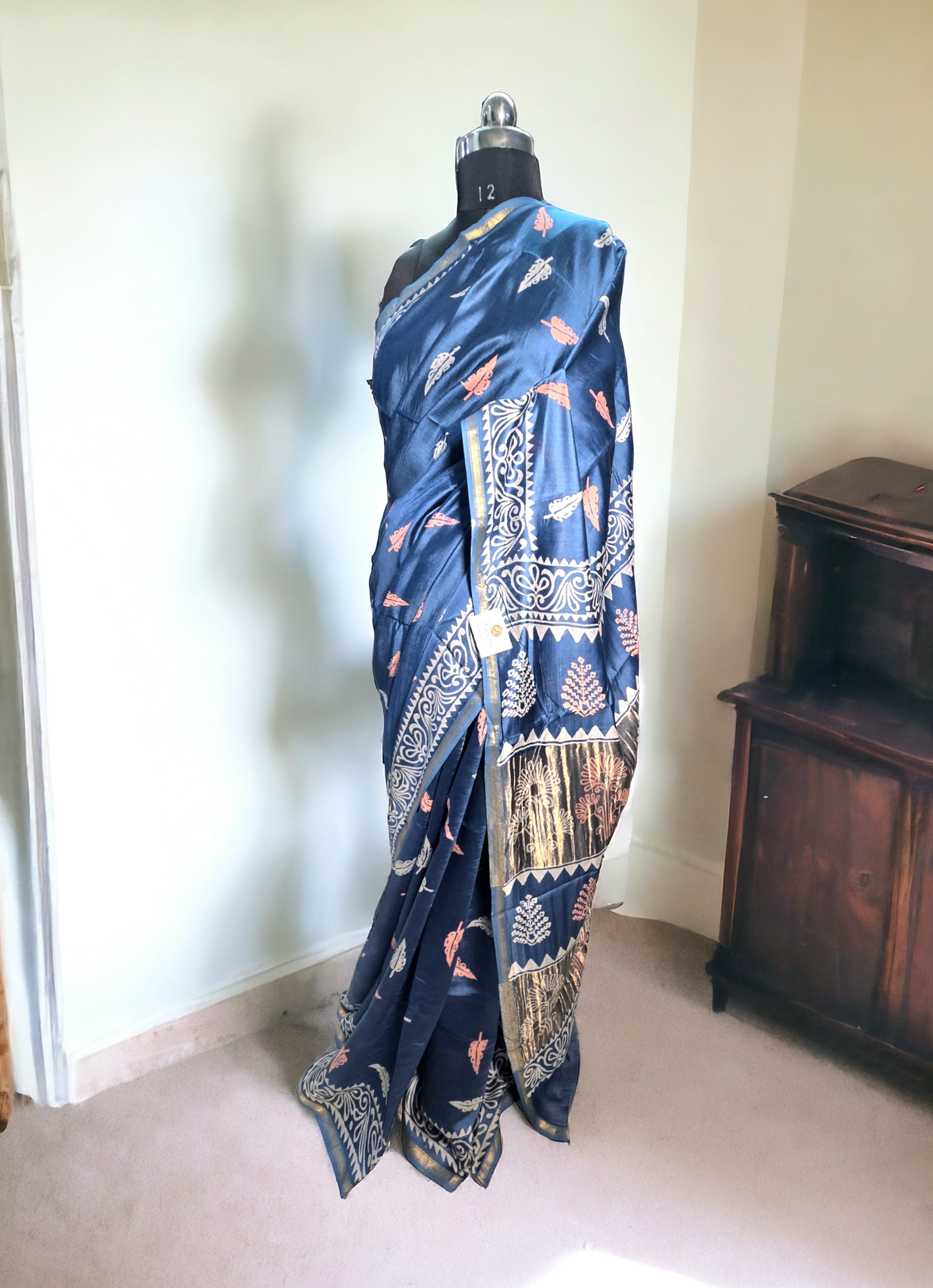 Grey blue block printed pure meheshwari silk saree