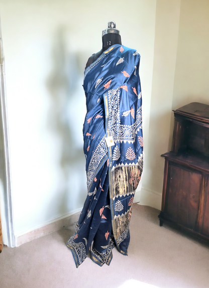 Grey blue block printed pure meheshwari silk saree