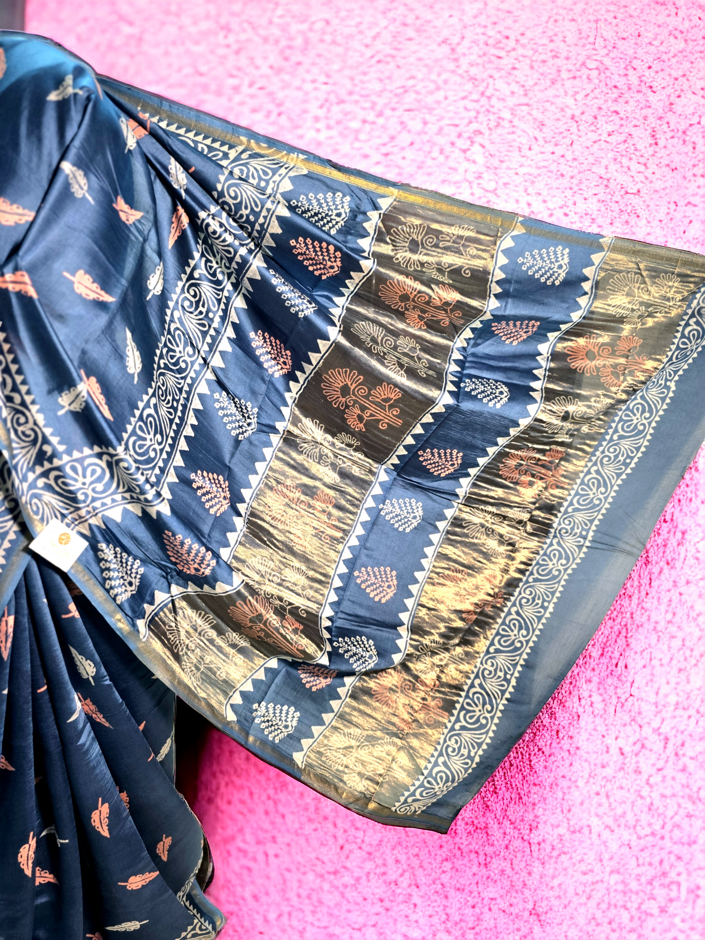 Grey blue block printed pure meheshwari silk saree