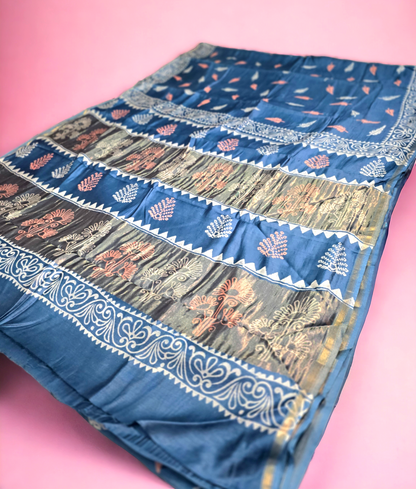 Grey blue block printed pure meheshwari silk saree