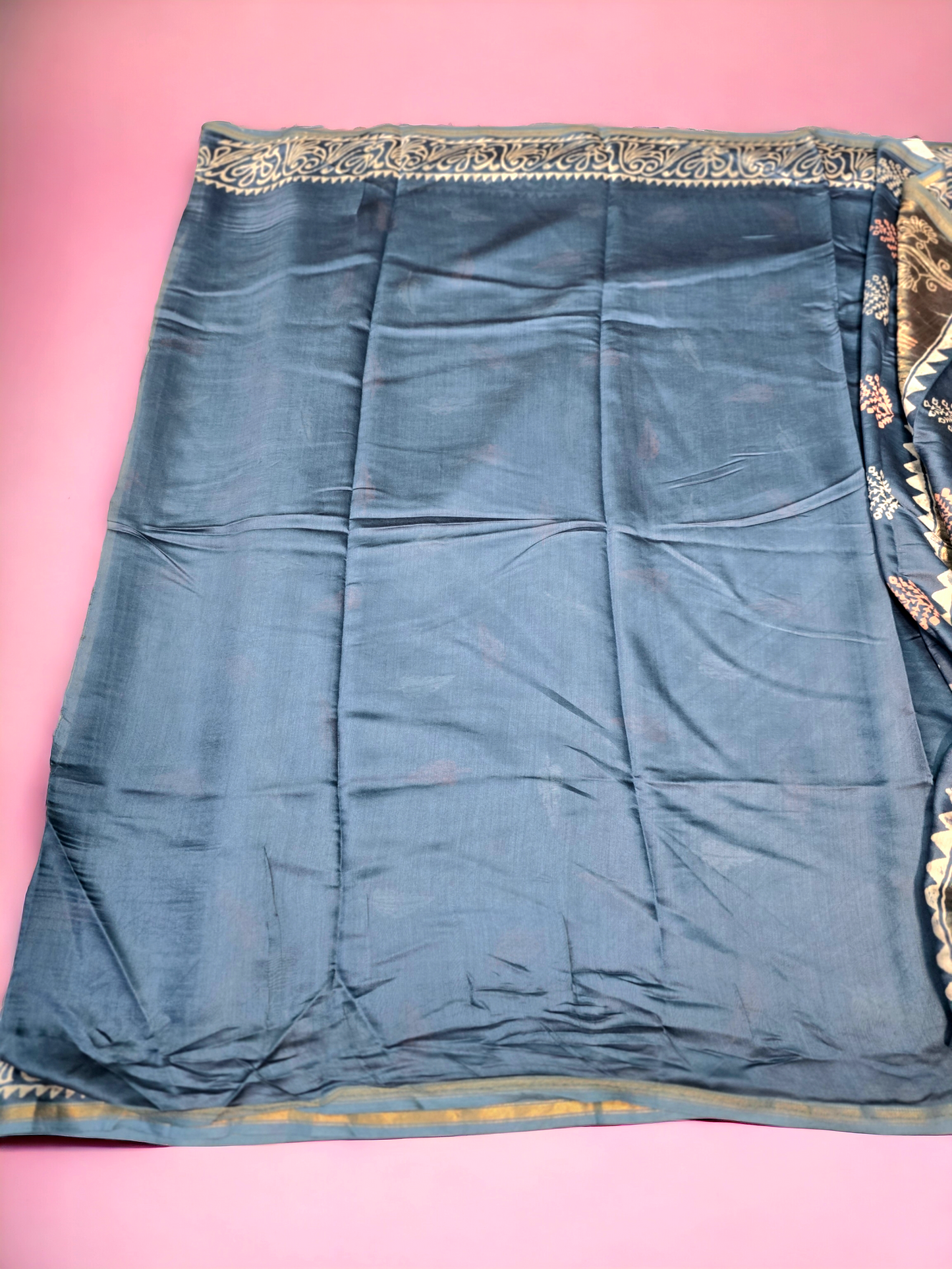 Grey blue block printed pure meheshwari silk saree