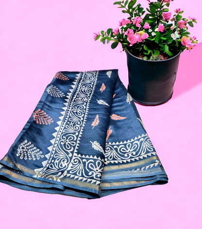 Grey blue block printed pure meheshwari silk saree