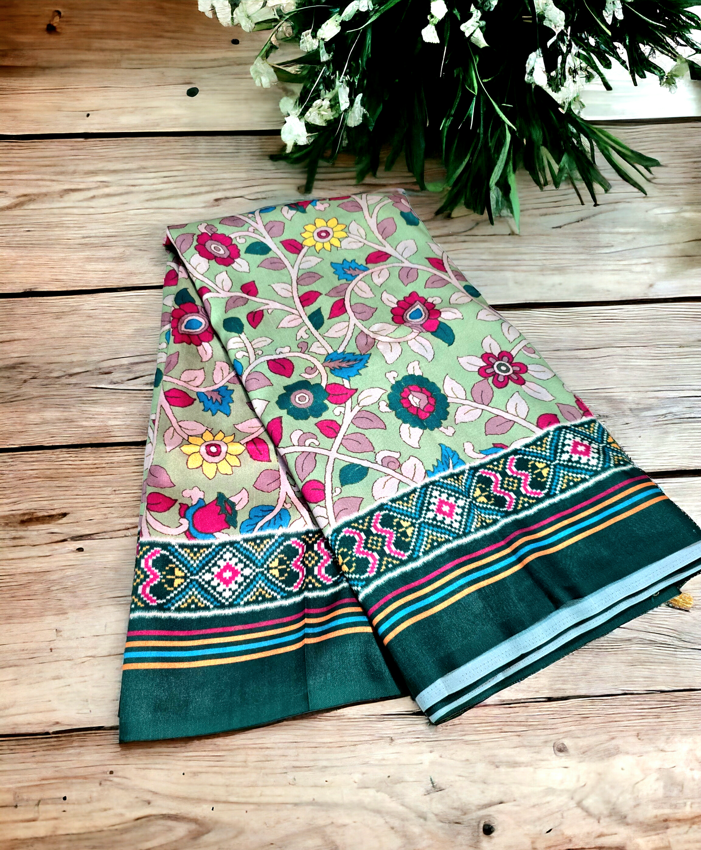 Pista green kalamkari print silk cotton  saree