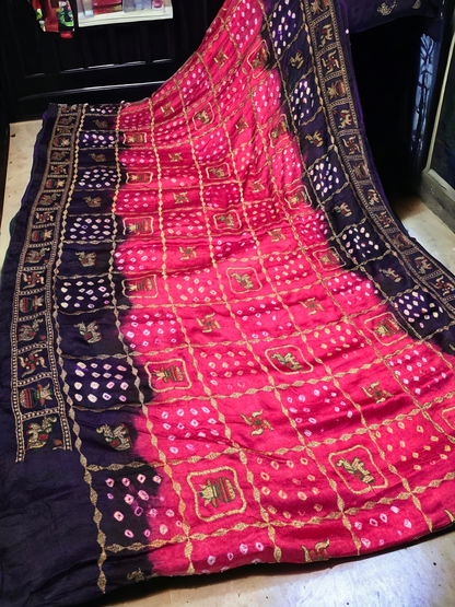 Pink and purple pure modal silk saree with zari check , bandhani and cutdana work