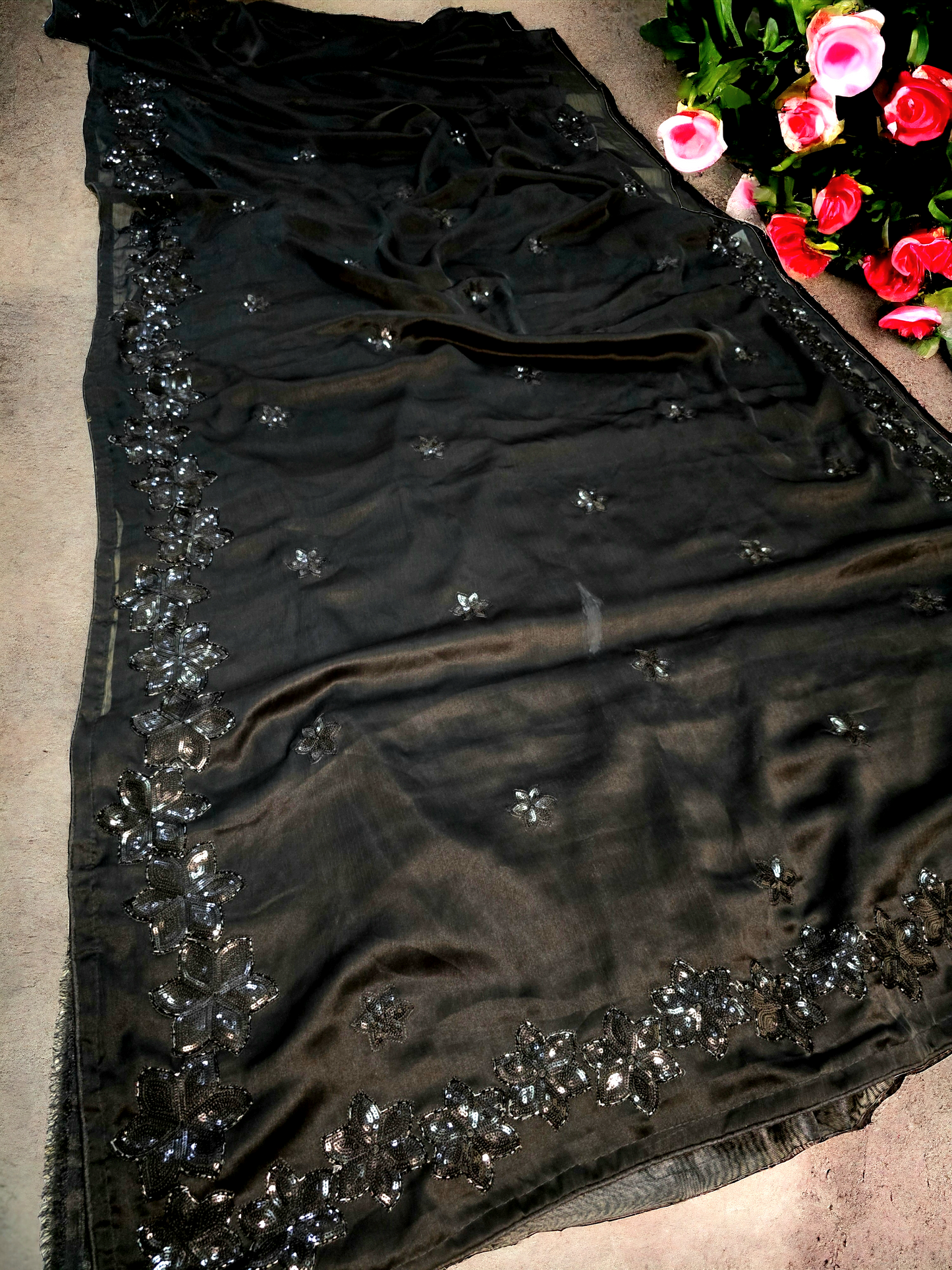 Black crepe georgette sequins saree