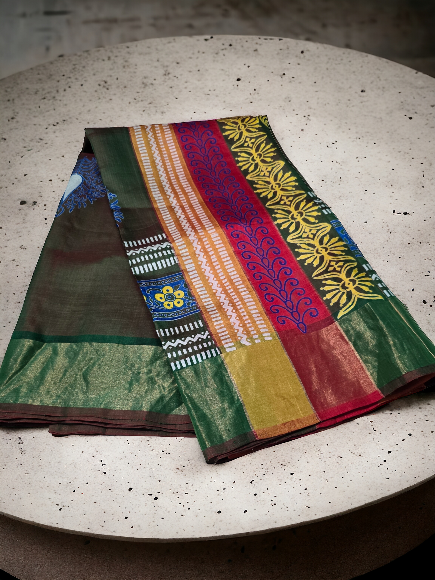 Green colour pure katan silk block printed zari border saree from bengal handloom