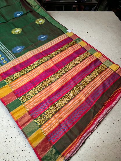 Green colour pure katan silk block printed zari border saree from bengal handloom