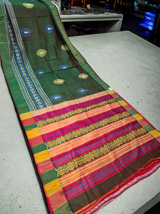 Green colour pure katan silk block printed zari border saree from bengal handloom