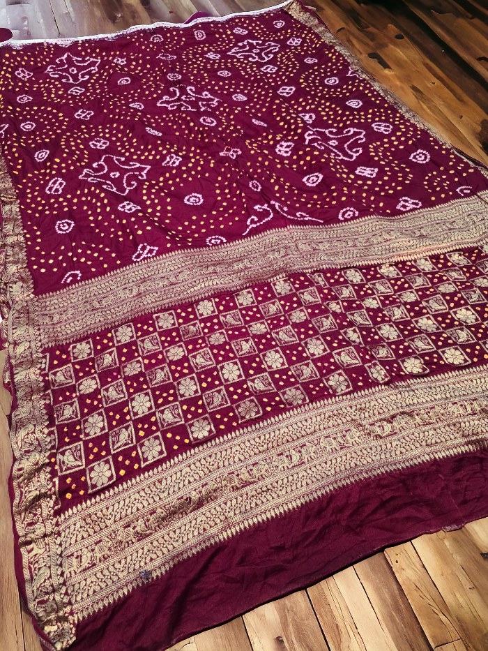 Maroon Pure Gajji Silk Bandhani Saree with Nakshi Border and Pallu.