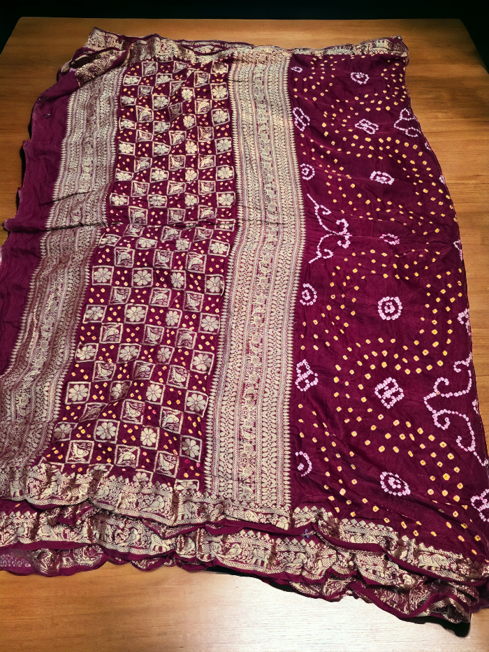 Maroon Pure Gajji Silk Bandhani Saree with Nakshi Border and Pallu.