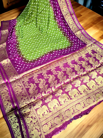 Green and pink bandhej semi gajji sik saree with kanjivaram border and pallu